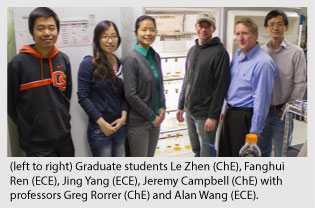 Graduate students Le Zhen (ChE), Fanghui Ren (ECE), Jing Yang (ECE), Jeremy Campbell (ChE) with  professors Greg Rorrer (ChE) and Alan Wang (ECE).